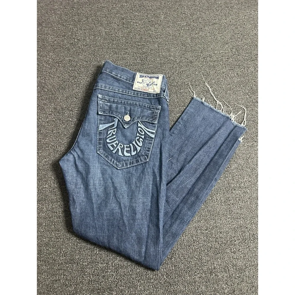 Vintage True Religion Straight Fit Blue Jeans Mens 36x31‎ Spell Out Raw Hem USA